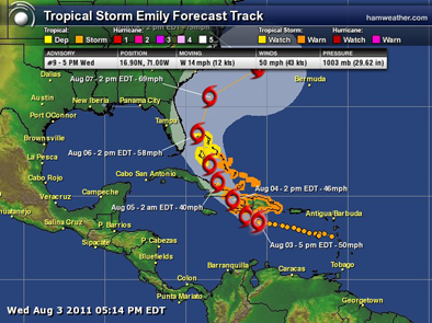 Trayectoria de la tormenta Emily a las 5 pm de hoy